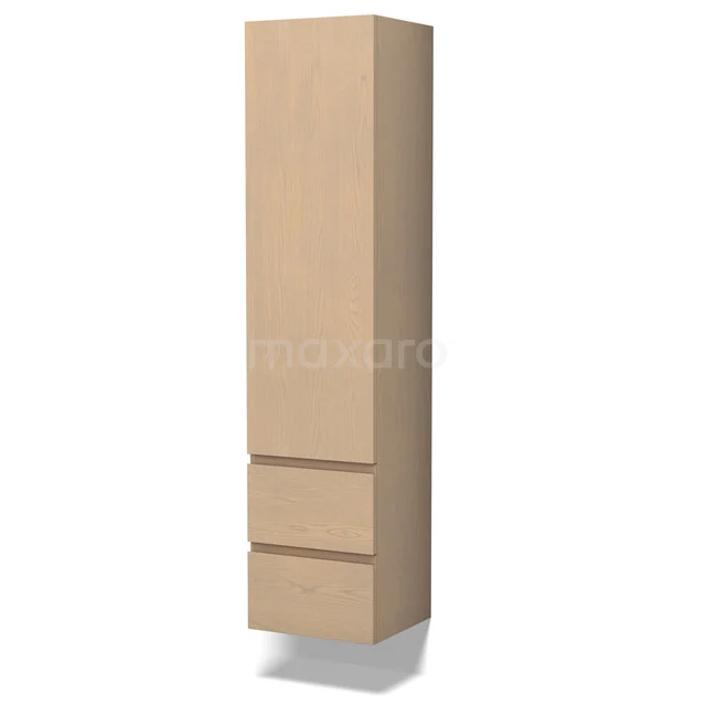 Hoher Badschrank in Holzfarbe, minimalistisches Design mit drei Schubladen und einer Tür, perfekt für moderne Badezimmerlagerung.