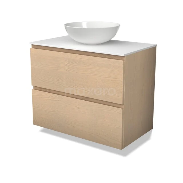 Holz Badezimmermöbel mit Naturlook, zwei Schubladen und einem weißen Aufsatzwaschbecken; perfekt für eine moderne Badezimmer Einrichtung.