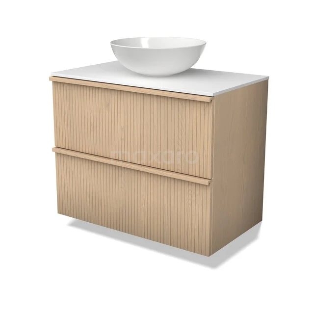 Modulo Plato Plus Vanity units for countertop basin | 80 cm Naturel eik Ribbel front Solid surface worktop 2 Stacked drawers BMK47-00002 Houten badkamermeubel met twee lades en ronde witte waskom, modern ontwerp geschikt voor stijlvolle badkamerinrichting.