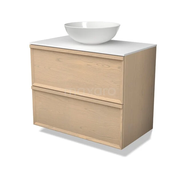 Houten badkamermeubel met witte wastafel, strakke vormgeving, geschikt voor moderne badkamers, serie Oslo.