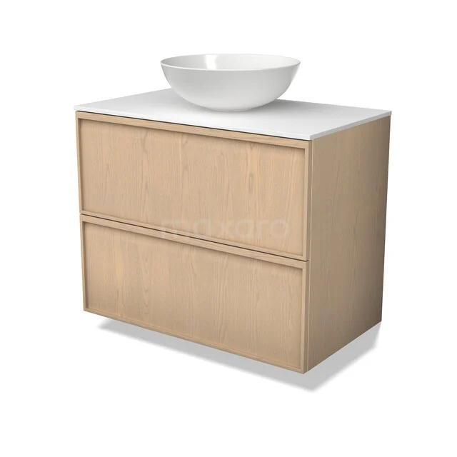 Modulo Plato Plus Badkamermeubel voor waskom | 80 cm Naturel eik Lijst front Solid surface blad 2 lades onder elkaar BMK47-00005 Houten badkamermeubel met twee lades en een witte waskom, modern design van eikenfineer voor stijlvolle badkamerinrichting.