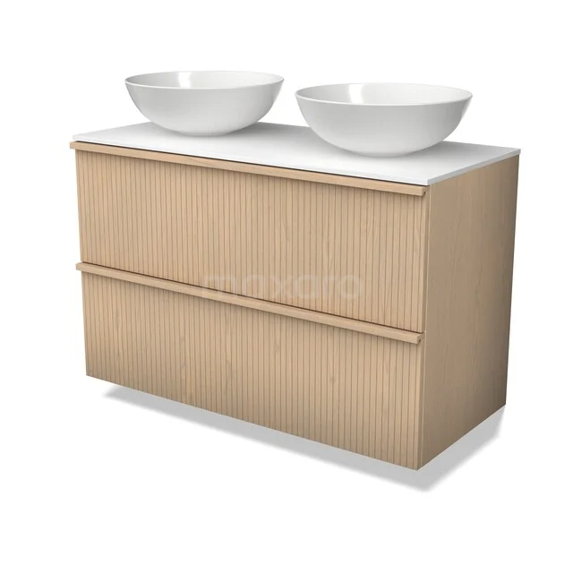 Modulo Plato Plus Vanity units for countertop basin | 100 cm Naturel eik Ribbel front Solid surface worktop 2 Stacked drawers BMK47-00007 Houten badkamermeubel met dubbele wastafel, moderne eiken afwerking en witte kommen, ideaal voor stijlvol badkamerontwerp.