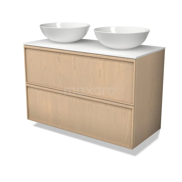Modulo Plato Plus Badkamermeubel voor waskom | 100 cm Naturel eik Lijst front Solid surface blad 2 lades onder elkaar BMK47-00010 Houten badkamermeubel met licht eiken look en dubbele witte waskommen, perfect voor moderne badkamers.