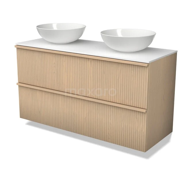 Modulo Plato Plus Vanity units for countertop basin | 120 cm Naturel eik Ribbel front Solid surface worktop 2 Stacked drawers BMK47-00012 Houten badkamermeubel met dubbele waskom, minimalistisch design, beige kleur en strak afgewerkt; ideaal voor moderne badkamers.