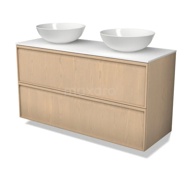 Modulo Plato Plus Vanity units for countertop basin | 120 cm Natural oak Ledge front Solid surface worktop 2 Stacked drawers BMK47-00015 Houten badkamermeubel met witte opzetwaskommen, strak design en twee brede lades voor opslag.
