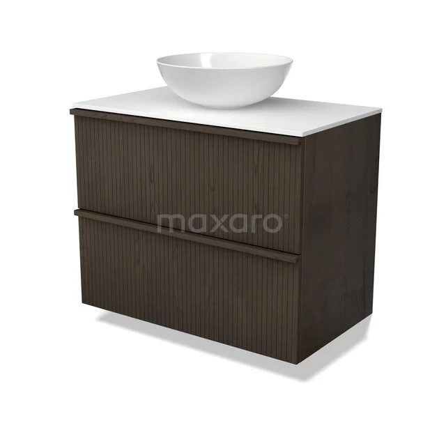 Modulo Plato Plus Vanity units for countertop basin | 80 cm Espresso oak Ribbing front Solid surface worktop 2 Stacked drawers BMK47-00032 Donker houten badkamermeubel met witte opzetwastafel, modern design en twee lades voor opbergruimte.