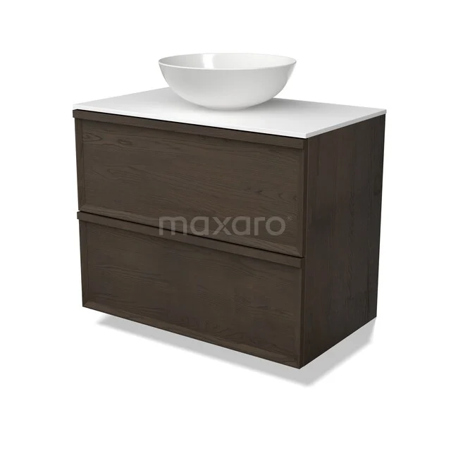Modulo Plato Plus Vanity units for countertop basin | 80 cm Espresso eik Facet front Solid surface worktop 2 Stacked drawers BMK47-00033 Donkerhouten badkamermeubel met witte wastafelkom, moderne vormgeving en twee ruime lades voor opslag.