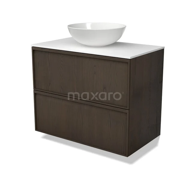 Modulo Plato Plus Badkamermeubel voor waskom | 80 cm Espresso eik Lijst front Solid surface blad 2 lades onder elkaar BMK47-00035 Houten badkamermeubel met donkere houtkleur en witte waskom, perfect voor een moderne badkamer inrichting.