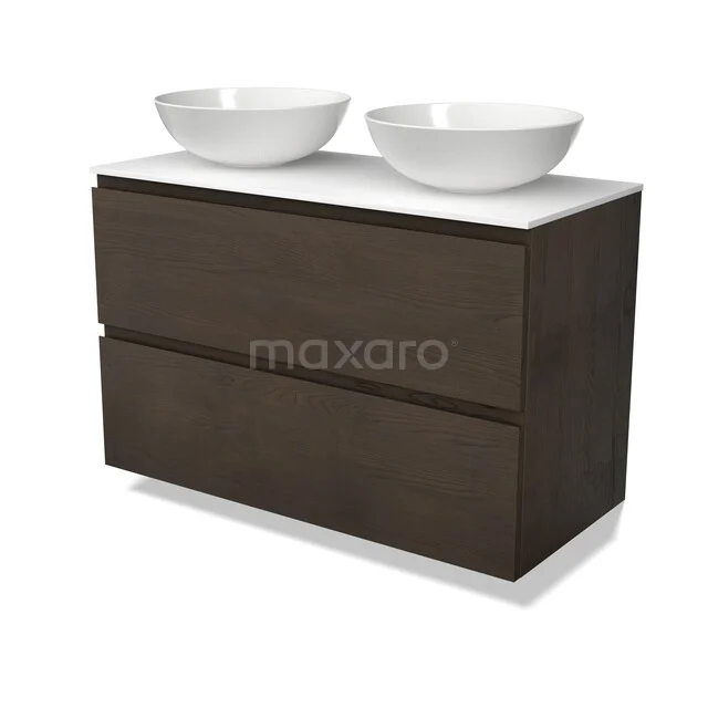 Modulo Plato Plus Vanity units for countertop basin | 100 cm Espresso oak Handle-less front Solid surface worktop 2 Stacked drawers BMK47-00036 Donkere houten badkamermeubel met twee witte opzetwaskommen en een strak design, ideaal voor een moderne badkamer.