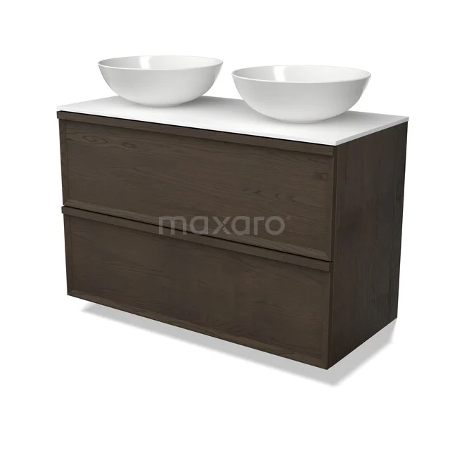 Modulo Plato Plus Vanity units for countertop basin | 100 cm Espresso eik Facet front Solid surface worktop 2 Stacked drawers BMK47-00038 Donker houten badkamermeubel met dubbele wastafel, witte kommen en moderne uitstraling, perfect voor stijlvolle badkamers.