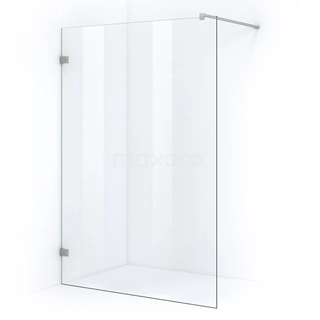 Transparente Glas-Duschwand mit Eckdesign, minimalistischer Rahmen und Wandbefestigung, ideal für moderne Bäder.