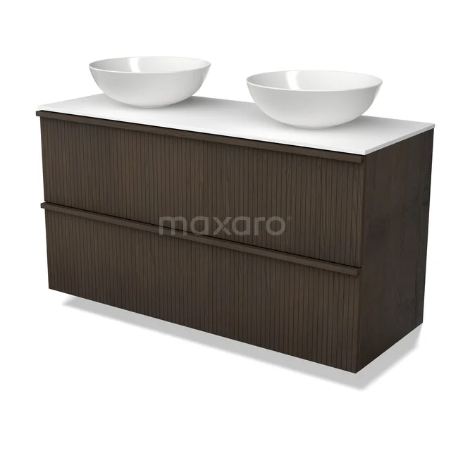 Modulo Plato Plus Vanity units for countertop basin | 120 cm Espresso eik Ribbel front Solid surface worktop 2 Stacked drawers BMK47-00042 Houten badkamermeubel met donkerbruin eikenhout, dubbele wastafel en witte bovenblad, ideaal voor moderne badkamers.
