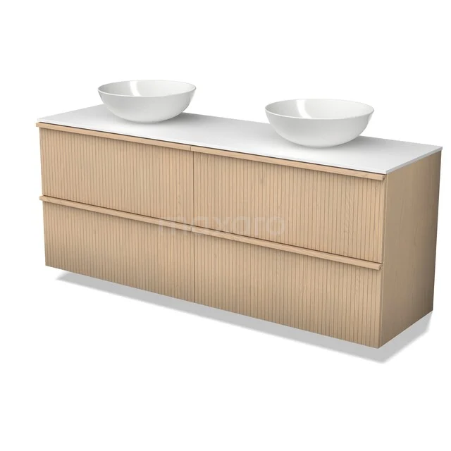 Modulo Plato Plus Badkamermeubel voor waskom | 160 cm Naturel eik Ribbel front Solid surface blad 4 lades BMK48-00002 Houten badkamermeubel met witte waskommen, modern design, geschikt voor dubbele wastafelopstelling, ideaal voor badkamer.