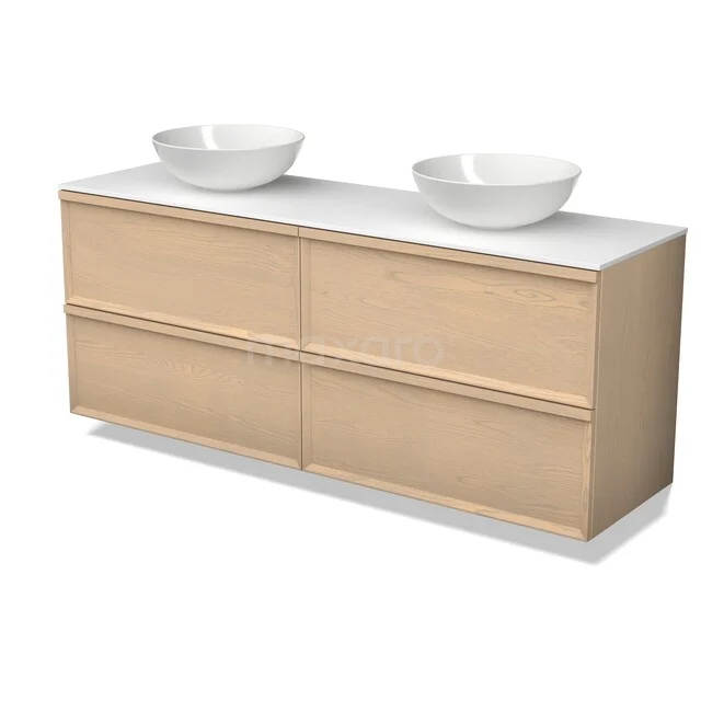 Modulo Plato Plus Badkamermeubel voor waskom | 160 cm Naturel eik Facet front Solid surface blad 4 lades BMK48-00003 Houten badkamermeubel met dubbele wastafel, modern design, lichte houtkleur en vier lades voor royale opbergruimte.
