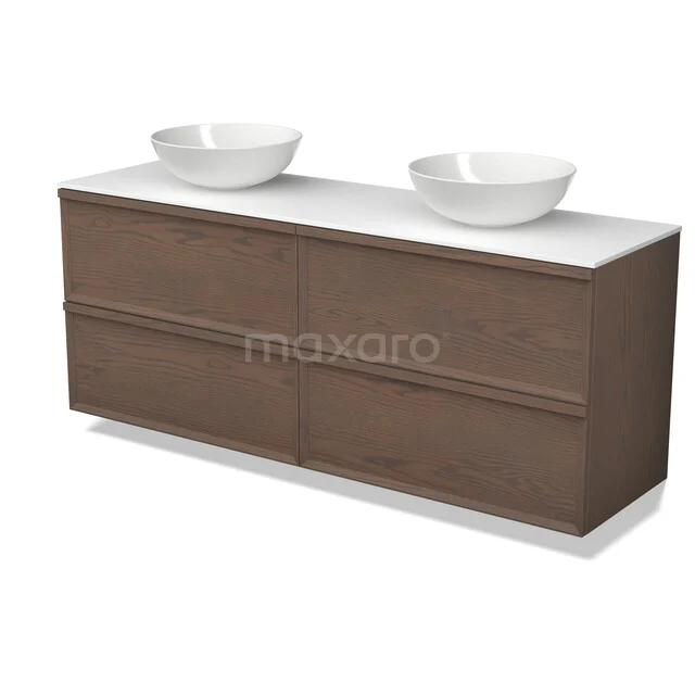 Modulo Plato Plus Badmöbel mit Aufsatzwaschbecken | 160 cm Kakao-Eiche Gesichtspunkt front Solid Surface blatt 4 Schubladen BMK48-00008 Holz Badezimmermöbel mit Doppelwaschbecken, modernes Design, weiße keramische Schalen und geräumige Schubladen.