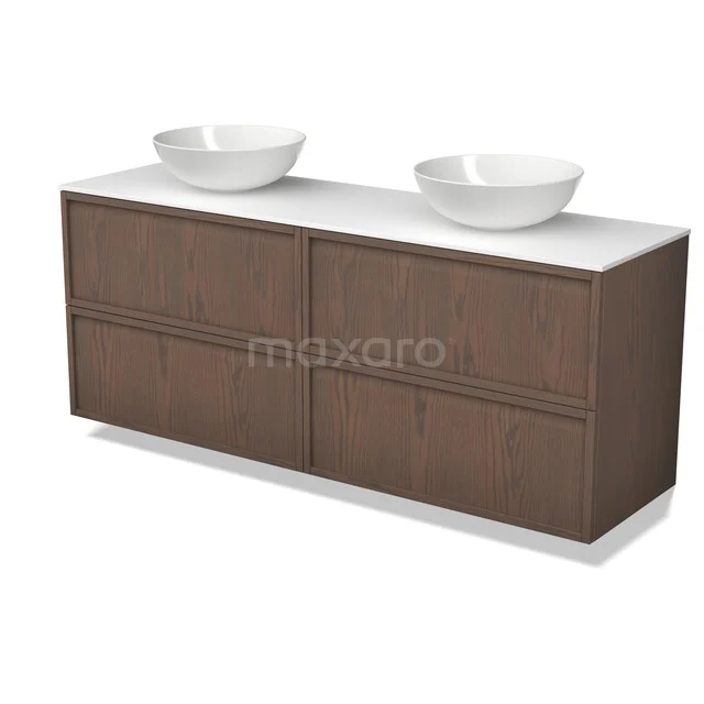 Modulo Plato Plus Vanity units for countertop basin | 160 cm Cocoa oak Framework front Solid surface worktop 4 drawers BMK48-00009 Donkerhouten badkamermeubel met dubbele witte waskommen, moderne brede lades en strak design, ideaal voor een stijlvolle badkamer.