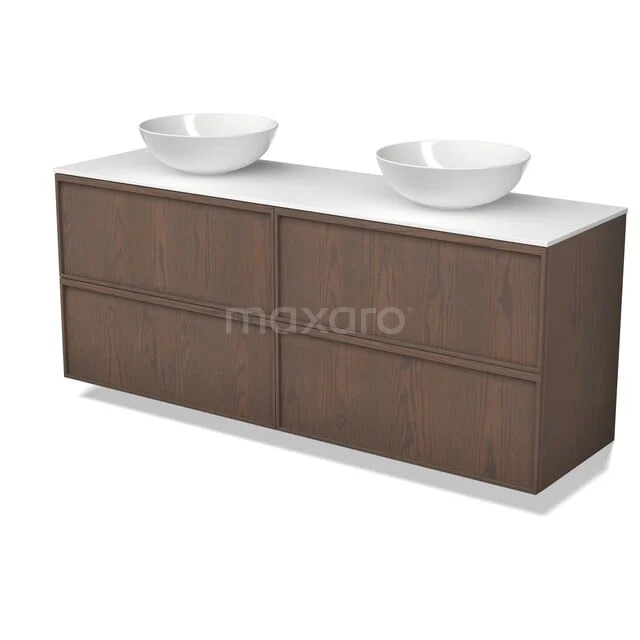 Modulo Plato Plus Vanity units for countertop basin | 160 cm Cocoa oak Ledge front Solid surface worktop 4 drawers BMK48-00010 Houten badkamermeubel met dubbele wastafel, modern design, witte keramische kommen en praktische opberglades.