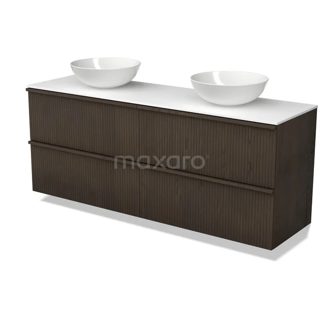 Modulo Plato Plus Vanity units for countertop basin | 160 cm Espresso oak Ribbing front Solid surface worktop 4 drawers BMK48-00012 Houten badkamermeubel met twee witte waskommen, modern design en soft-close lades, perfect voor stijlvolle badkamers.
