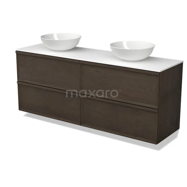 Modulo Plato Plus Vanity units for countertop basin | 160 cm Espresso oak Facet front Solid surface worktop 4 drawers BMK48-00013 Donkerhouten badkamermeubel met witte dubbele waskommen, modern design en ruime opbergladen, ideaal voor de badkamer.