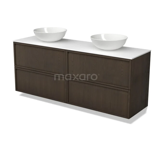 Dark wooden bathroom furniture set with double washbasins, modern appearance and sleek lines.