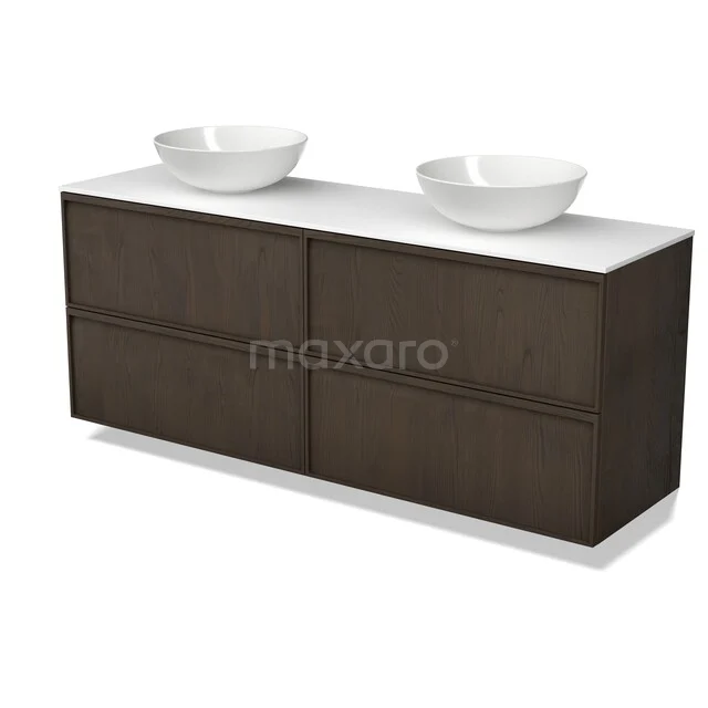 Modulo Plato Plus Vanity units for countertop basin | 160 cm Espresso oak Ledge front Solid surface worktop 4 drawers BMK48-00015 Dubbele wastafelmeubel, donker houten design, met witte keramische waskommen, geschikt voor luxe badkamerinterieurs.