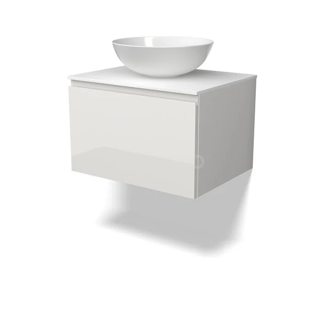 Weißes schwebendes Badmöbel mit runder Aufsatzwaschbecken, Hochglanz-Oberfläche und minimalistisch modernem Design.