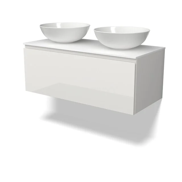 Modulo Plato Vanity units for countertop basin | 100 cm High-gloss white Handle-less front Solid surface worktop 1 drawer BMK11-03107 Modulo Plato Vanity units for countertop basin | 100 cm High-gloss white Handle-less front Solid surface worktop 1 drawer BMK11-03107