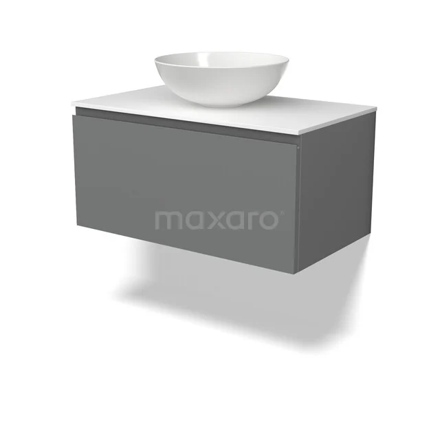 Grauer hängender Badschrank mit weißem Aufsatzwaschbecken, modernes Design, Soft-Close-Schubladen, idealer Stauraum für Badezimmerzubehör.