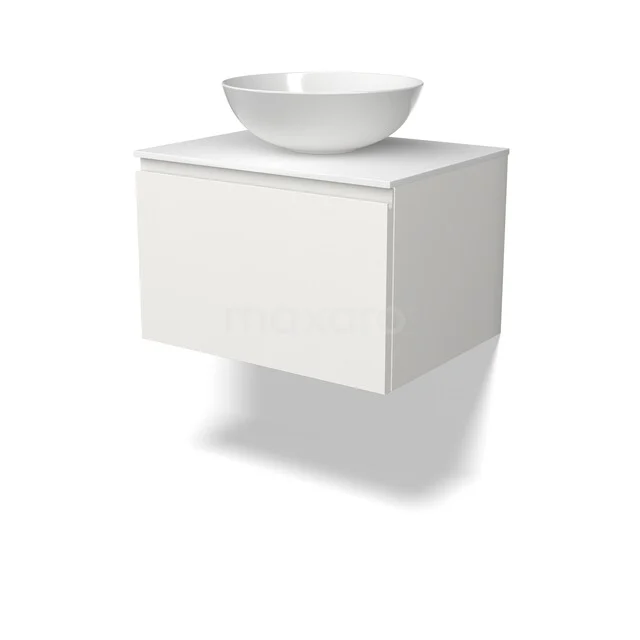 Weißes schwebendes Badezimmermöbel mit keramischem Aufsatzwaschbecken, minimalistisches Design aus der Modern Line Serie.