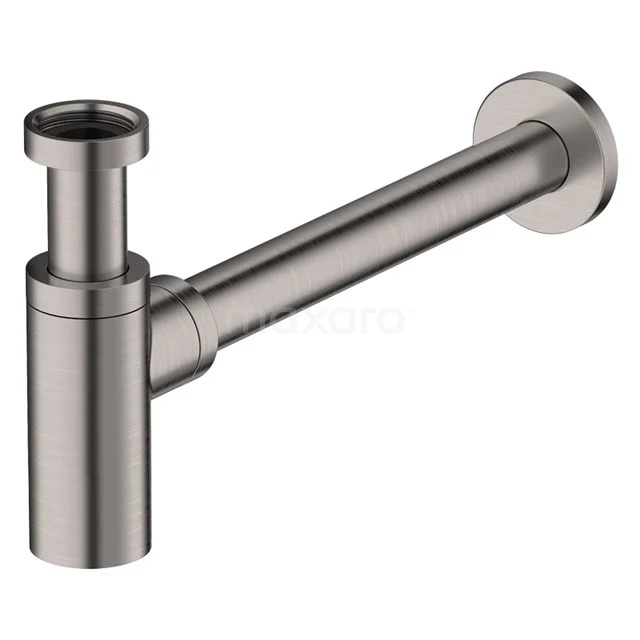 Matte Edelstahl-Siphon mit zylindrischer Form, ideal für moderne Badezimmerdesigns.