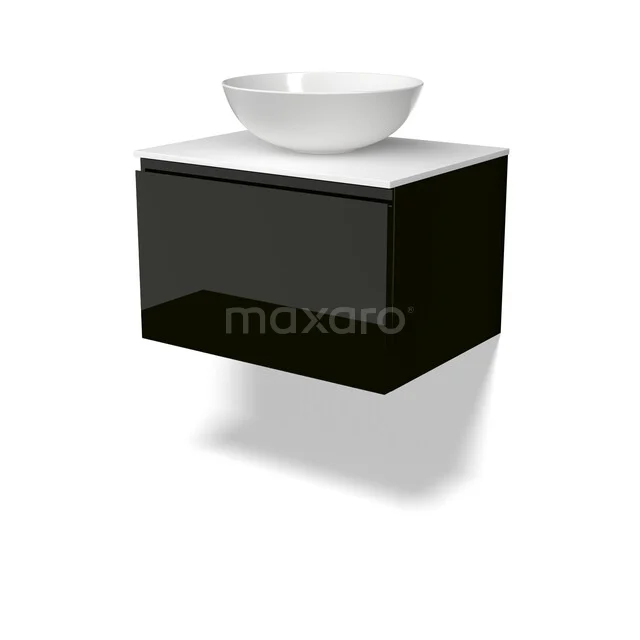 Modulo Plato Vanity units for countertop basin | 60 cm High-gloss black Handle-less front Solid surface worktop 1 drawer BMK11-03140 Zwart zwevend wastafelmeubel met witte waskom, modern design, ideaal voor een stijlvolle badkamer inrichting.