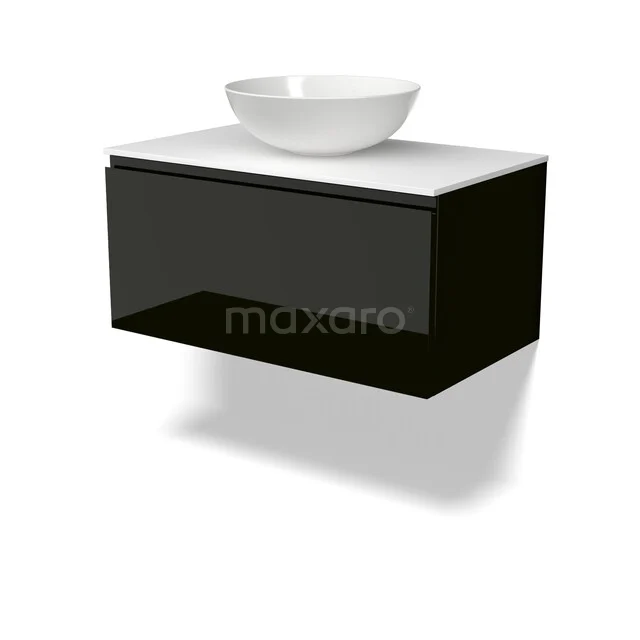 Modulo Plato Vanity units for countertop basin | 80 cm High-gloss black Handle-less front Solid surface worktop 1 drawer BMK11-03142 Modulo Plato Vanity units for countertop basin | 80 cm High-gloss black Handle-less front Solid surface worktop 1 drawer BMK11-03142