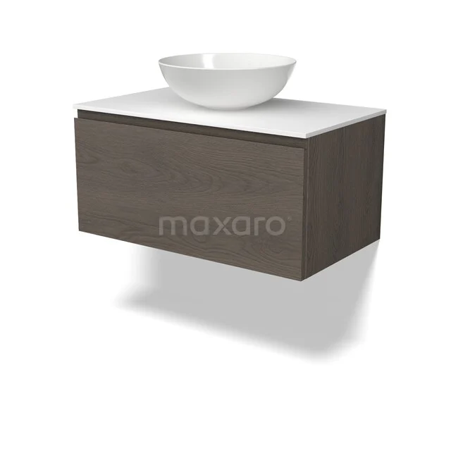 Möbel für Aufsatzwaschbecken BMK11-03177 Dunkles Holz Badezimmermöbel mit weißem Aufsatzwaschbecken, hängendes Design, ideal für moderne Bäder.