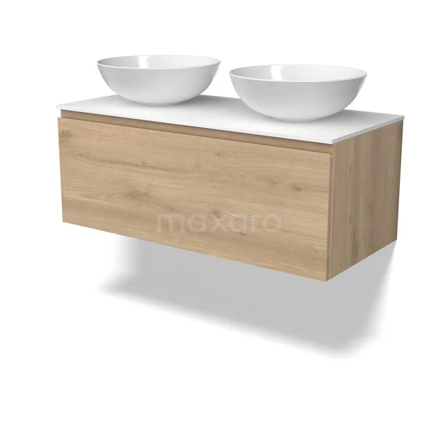 Holz Badezimmermöbel mit zwei weißen keramischen Aufsatzwaschbecken, modernes Design, ideal für stilvolle Badezimmergestaltung.