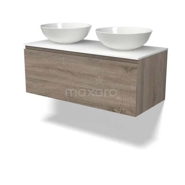 Holz Badezimmermöbel mit hängendem Design, doppelte weiße Aufsatzwaschbecken und eine nachhaltige Ausführung in Eiche-Optik.