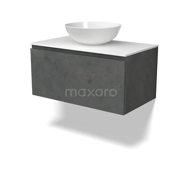 Modulo Plato Badmöbel mit Aufsatzwaschbecken | 80 cm Dunkelgrauer Beton Grifflos front Solid Surface blatt 1 Schublade BMK11-03206 Graue Badmöbel mit Natursteine-Ausstrahlung, weißer Waschbecken und schwebendem Design, ideal für moderne Bäder.