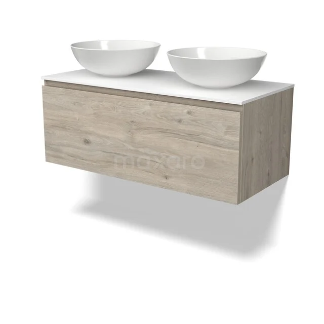 Modulo Plato Badkamermeubel voor waskom | 100 cm Lichtgrijs eiken Greeploos front Solid surface blad 1 lade BMK11-03210