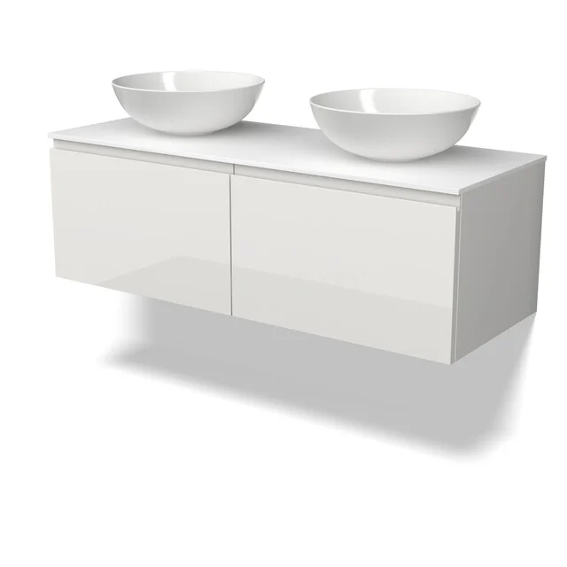 Modulo Plato Vanity units for countertop basin | 120 cm High-gloss white Handle-less front Solid surface worktop 2 Side-by-side drawers BMK12-02258 Modulo Plato Vanity units for countertop basin | 120 cm High-gloss white Handle-less front Solid surface worktop 2 Side-by-side drawers BMK12-02258