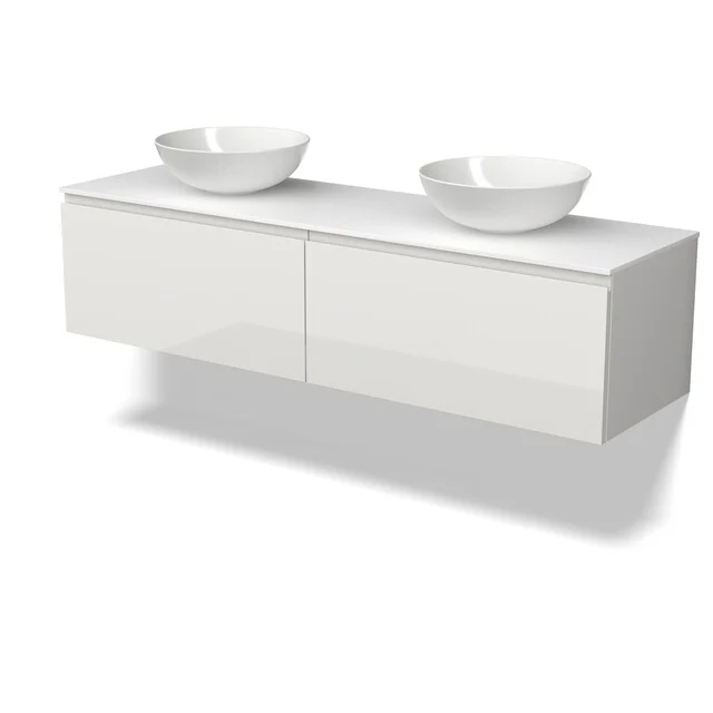 Weiße Badmöbelset mit zwei Aufsatzwaschbecken und Hochglanzoberfläche, ideal für moderne Bäder.