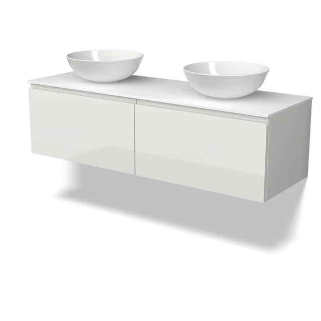 Weißes Hochglanz-Badmöbel mit zwei runden Aufsatzwaschbecken, modernes Design und elegante Verarbeitung, ideal für jeden Badezimmerstil.