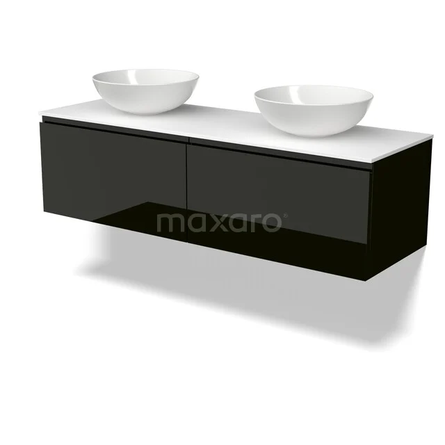 Modulo Plato Vanity units for countertop basin | 140 cm High-gloss black Handle-less front Solid surface worktop 2 Side-by-side drawers BMK12-02296 Zwarte zwevende badkamermeubelset met twee witte keramische waskommen en hoogglanzende afwerking, modern en stijlvol.