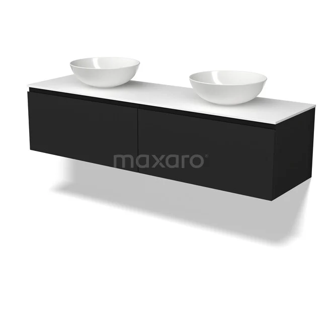 Schwarzes Wandmöbel mit Doppelwaschtischplatte, weißen Aufsatzwaschbecken und klarem Designstil, ideal für moderne Bäder.