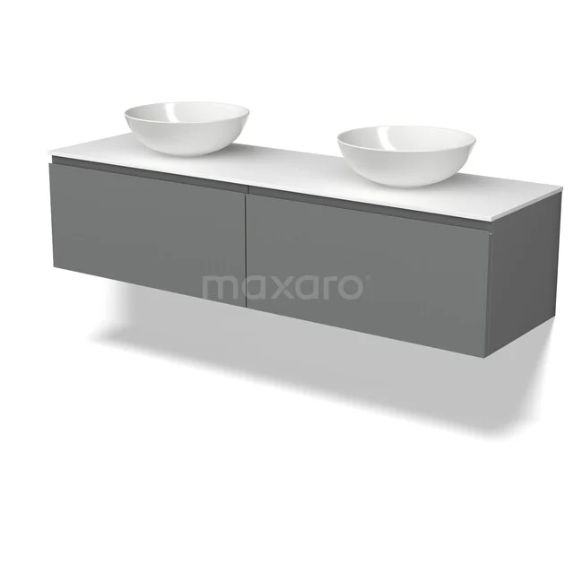 Modulo Plato Vanity units for countertop basin | 160 cm Mid grey Handle-less front Solid surface worktop 2 Side-by-side drawers BMK12-02310 Grijs zwevend badkamermeubel met dubbele witte waskommen en strak design, ideaal voor een moderne badkamer.