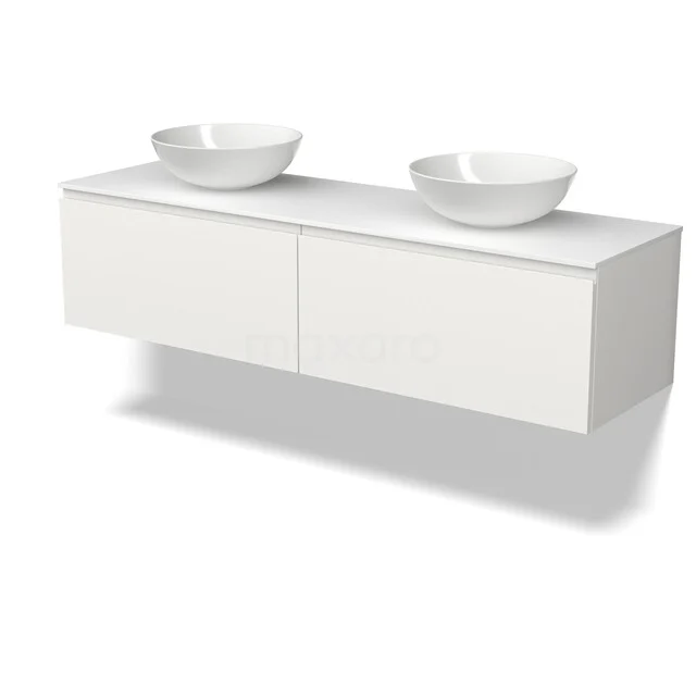 Weißes Design Badezimmermöbel mit doppelten keramischen Aufsatzwaschbecken, Wandmontage und minimalistischer Ausstrahlung.