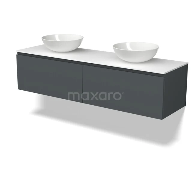 Dunkelgraue schwebende Waschtisch mit doppelten Aufsatzwaschbecken, modernes Design, perfekt für eine stilvolle Badezimmergestaltung.