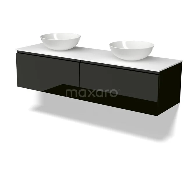 Modulo Plato Badkamermeubel voor waskom | 160 cm Hoogglans zwart Greeploos front Solid surface blad 2 lades naast elkaar BMK12-02317 Modulo Plato Badkamermeubel voor waskom | 160 cm Hoogglans zwart Greeploos front Solid surface blad 2 lades naast elkaar BMK12-02317