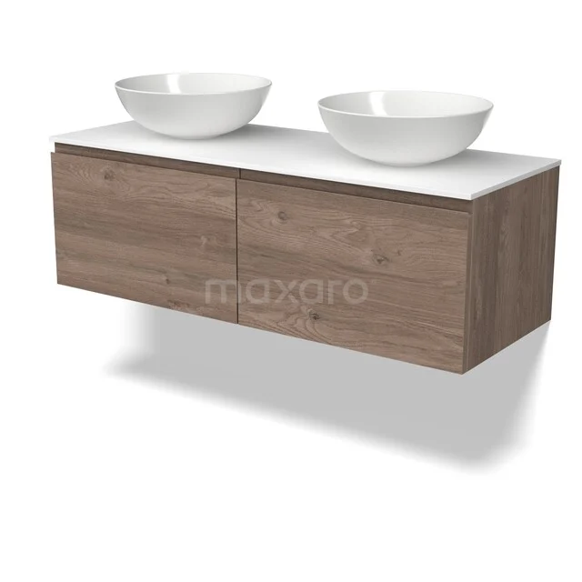 Modulo Plato Vanity units for countertop basin | 120 cm Mid brown oak Handle-less front Solid surface worktop 2 Side-by-side drawers BMK12-02328 Houten badkamermeubel met twee witte waskommen, modern design en zwevend model, perfect voor een stijlvol badkamerinterieur.