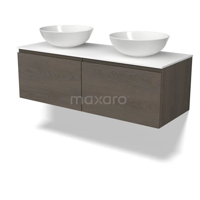 Modulo Plato Vanity units for countertop basin | 120 cm Dark brown oak Handle-less front Solid surface worktop 2 Side-by-side drawers BMK12-02329 Hangend badkamermeubel in houtlook met dubbele witte waskommen, modern ontwerp voor een stijlvolle badkamer.