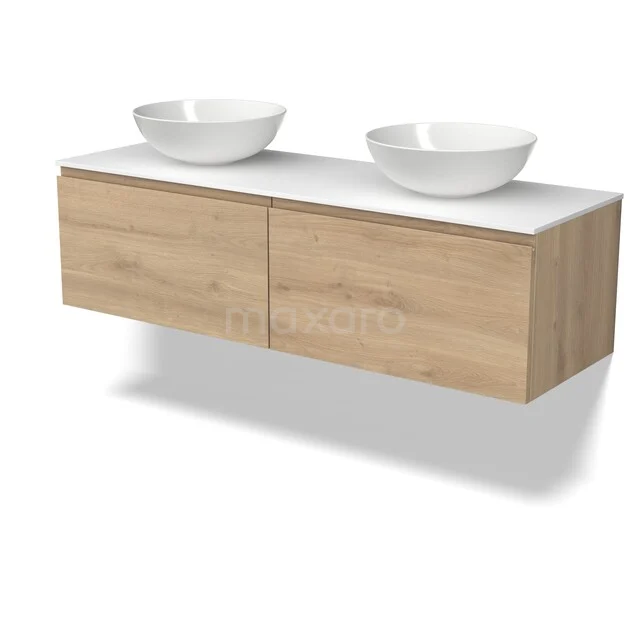 Modulo Plato Badkamermeubel voor waskom | 140 cm Lichtbruin eiken Greeploos front Solid surface blad 2 lades naast elkaar BMK12-02330