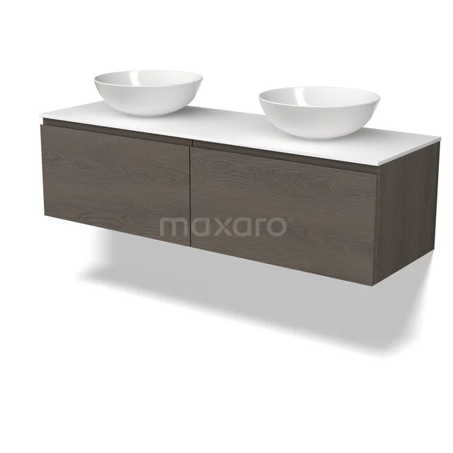 Modulo Plato Badkamermeubel voor waskom | 140 cm Donkerbruin eiken Greeploos front Solid surface blad 2 lades naast elkaar BMK12-02332 Modulo Plato Badkamermeubel voor waskom | 140 cm Donkerbruin eiken Greeploos front Solid surface blad 2 lades naast elkaar BMK12-02332